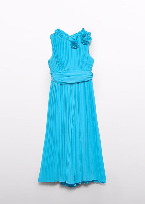 Girls Aqua Pleated Jumpsuit With Flower Detail