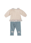 Girls Beige & Blue Checked Collar Leggings Set