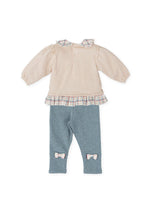 Girls Beige & Blue Checked Collar Leggings Set
