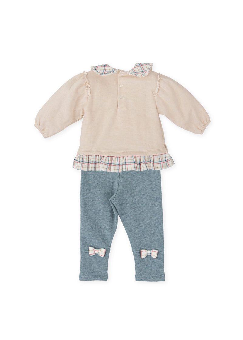 Girls Beige & Blue Checked Collar Leggings Set