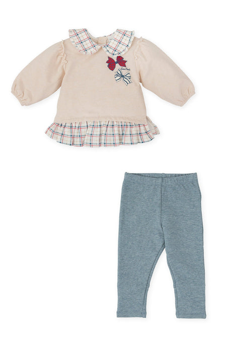 Girls Beige & Blue Checked Collar Leggings Set