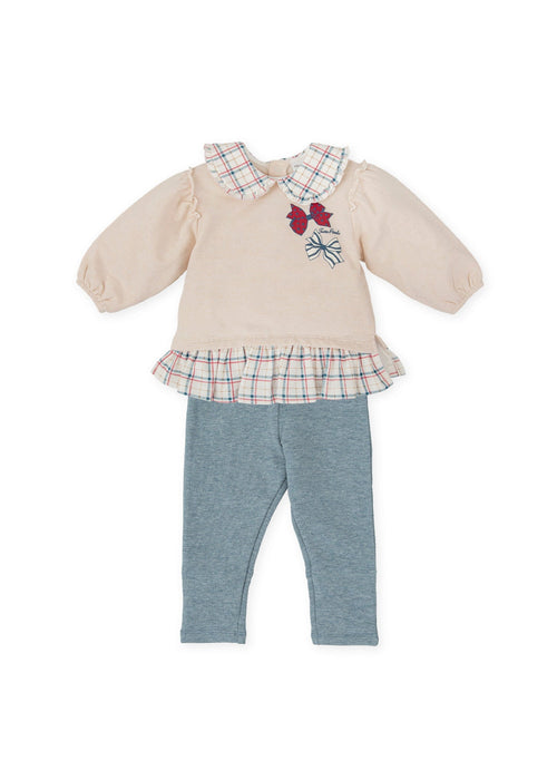 Girls Beige & Blue Checked Collar Leggings Set