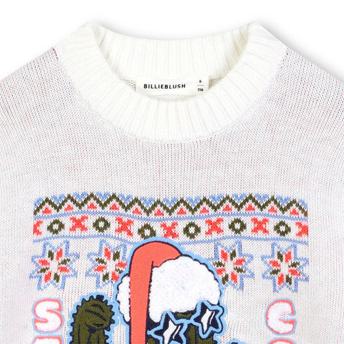 Girls Beige Christmas Jumper with Skiing Cactus Motif