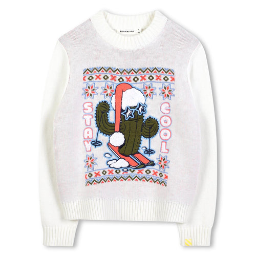 Girls Beige Christmas Jumper with Skiing Cactus Motif