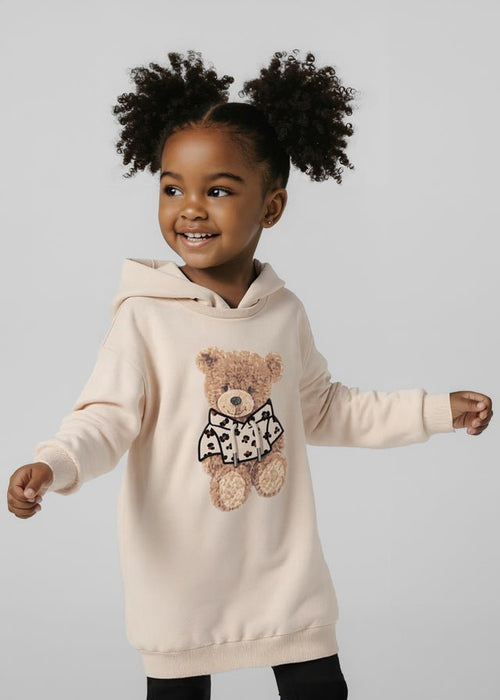 Girls Beige Hooded Dress with Teddy Bear Motif