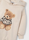 Girls Beige Hooded Fleece Dress with Teddy Bear Motif