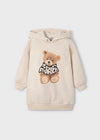 Girls Beige Hooded Fleece Dress with Teddy Bear Motif