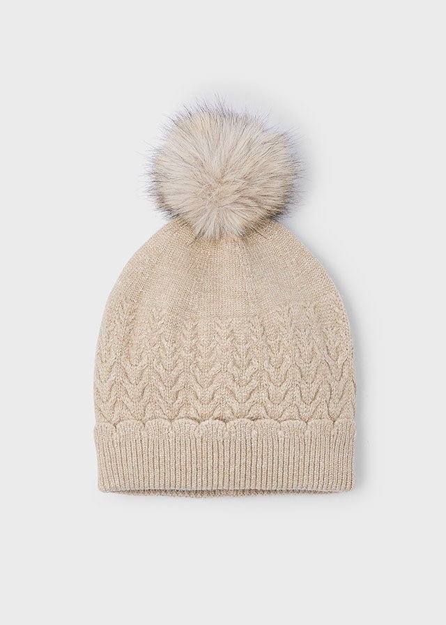 Girls Beige Knit Hat With Faux Fur Pom - Pom
