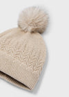 Girls Beige Knit Hat With Faux Fur Pom - Pom