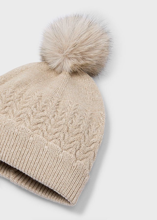 Girls Beige Knit Hat With Faux Fur Pom - Pom