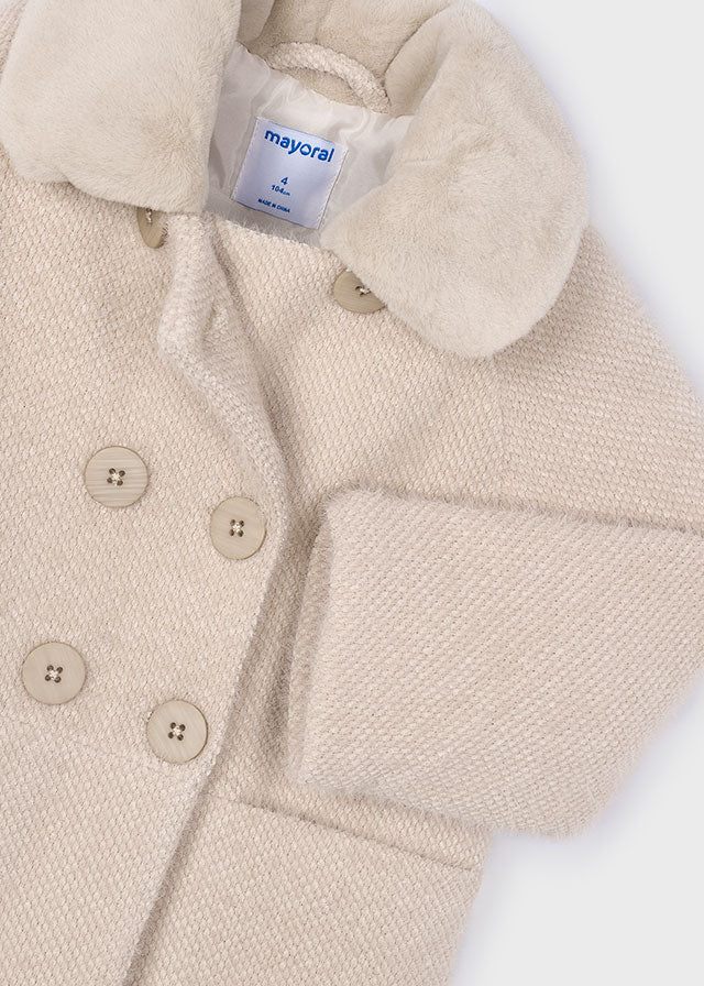 Girls Beige Knitted Faux Fur Coat