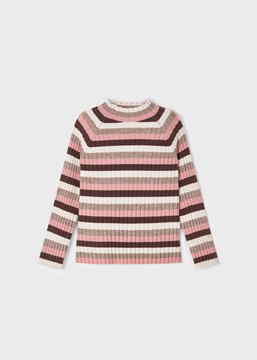 Girls Beige & Pink Stripe Ribbed Turtleneck Top (mayoral)