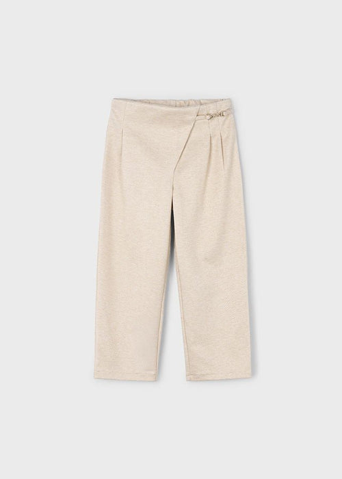 Girls Beige Pleated Trousers with Metal Trim