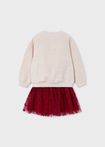 Girls Beige Pullover & Burgundy Tulle Skirt Set