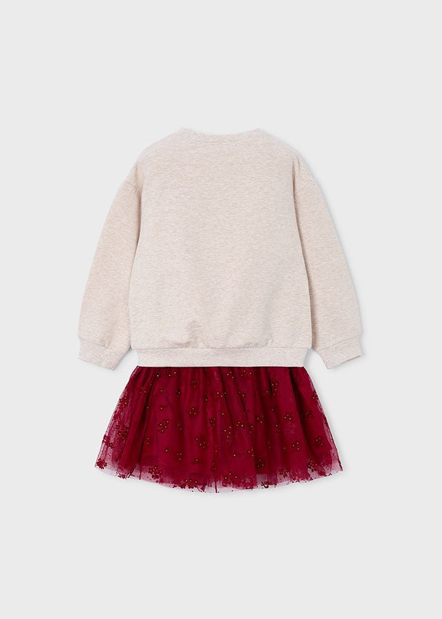 Girls Beige Pullover & Burgundy Tulle Skirt Set