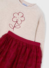 Girls Beige Pullover & Burgundy Tulle Skirt Set