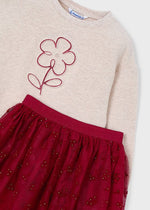 Girls Beige Pullover & Burgundy Tulle Skirt Set