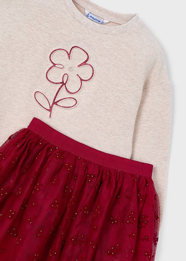 Girls Beige Pullover & Burgundy Tulle Skirt Set