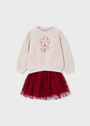 Girls Beige Pullover & Burgundy Tulle Skirt Set