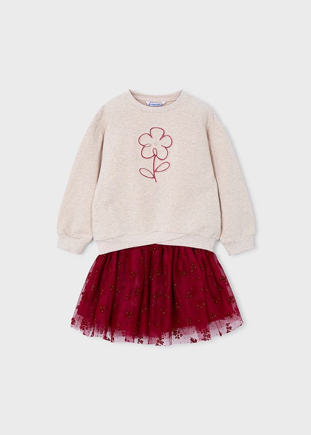 Girls Beige Pullover & Burgundy Tulle Skirt Set