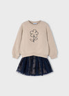 Girls Beige Sweatshirt Dress with Navy Tulle Skirt and Flower Detail