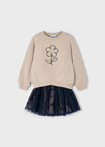 Girls Beige Sweatshirt Dress with Navy Tulle Skirt and Flower Detail