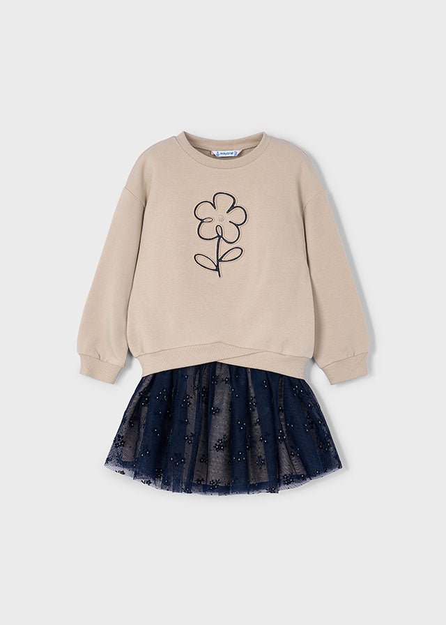 Girls Beige Sweatshirt Dress with Navy Tulle Skirt and Flower Detail