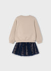 Girls Beige Sweatshirt Dress with Navy Tulle Skirt and Flower Detail