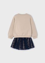 Girls Beige Sweatshirt Dress with Navy Tulle Skirt and Flower Detail
