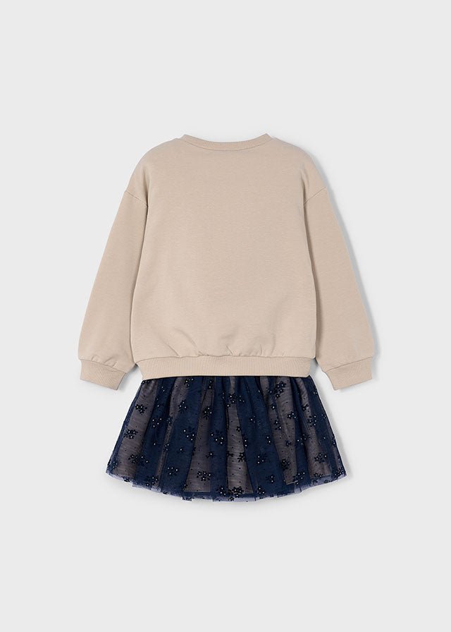 Girls Beige Sweatshirt Dress with Navy Tulle Skirt and Flower Detail