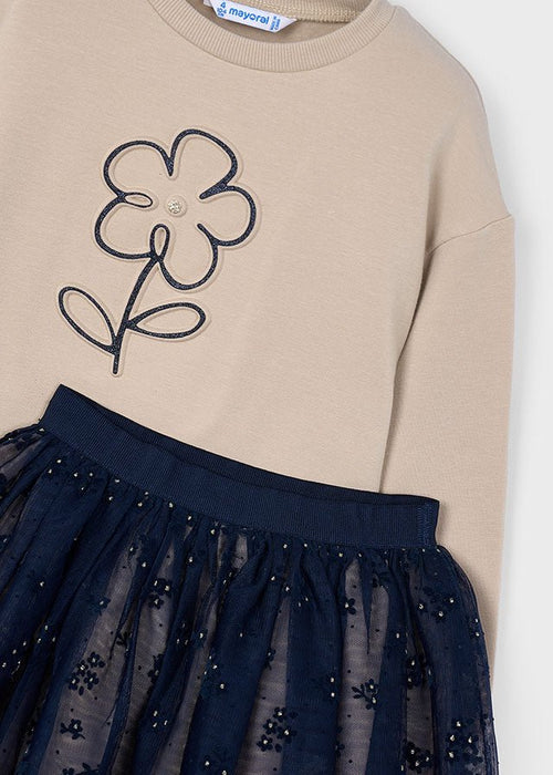 Girls Beige Sweatshirt Dress with Navy Tulle Skirt and Flower Detail