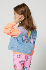 Girls Bi - Colored Denim Jacket with Sequin Illustration