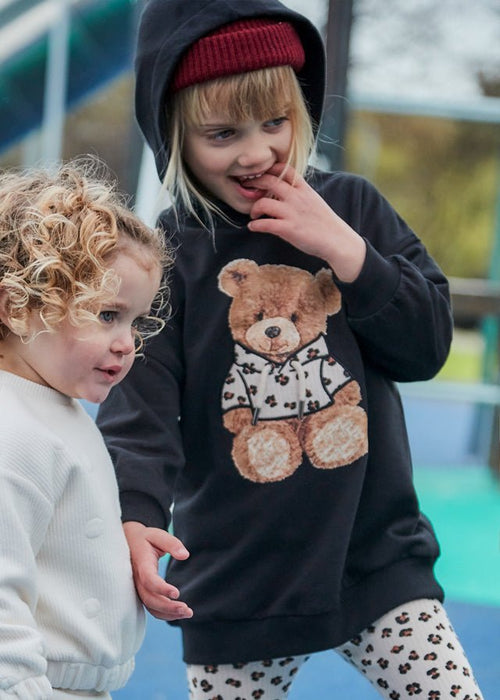 Girls Black Hoodie Dress with Teddy Motif