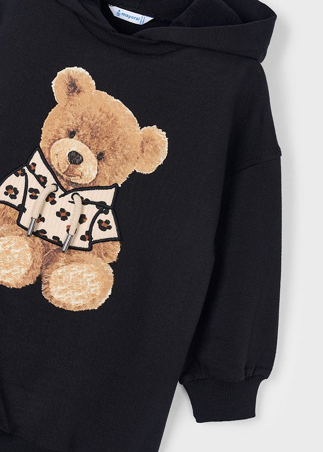 Girls Black Hoodie Dress with Teddy Motif