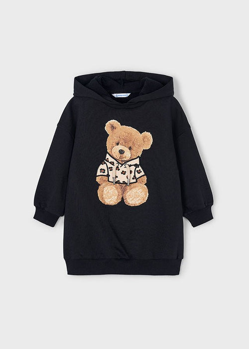 Girls Black Hoodie Dress with Teddy Motif