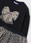 Girls Black Sweatshirt Dress with Leopard Tulle and Bow