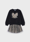 Girls Black Sweatshirt Dress with Leopard Tulle and Bow