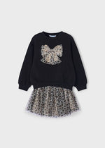 Girls Black Sweatshirt Dress with Leopard Tulle and Bow