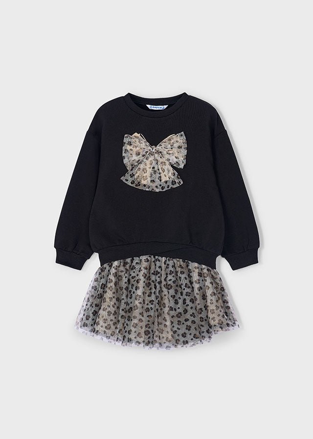 Girls Black Sweatshirt Dress with Leopard Tulle and Bow