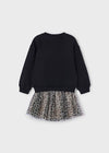 Girls Black Sweatshirt Dress with Leopard Tulle and Bow