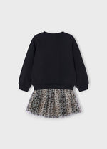 Girls Black Sweatshirt Dress with Leopard Tulle and Bow