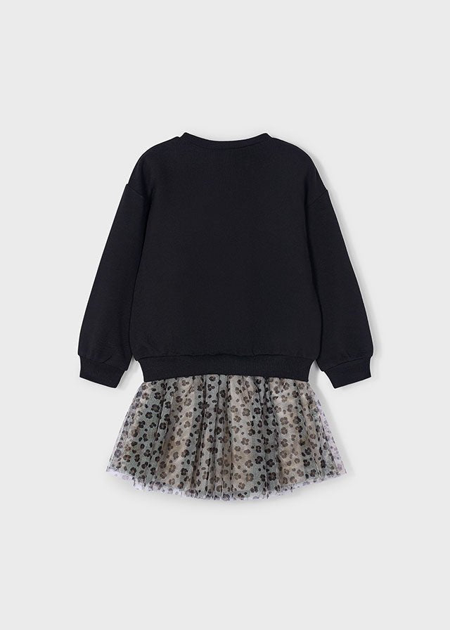 Girls Black Sweatshirt Dress with Leopard Tulle and Bow