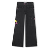 Girls Black Wide - Leg Denim Cargo Jeans with Embroidery