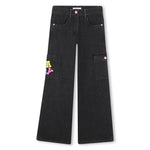 Girls Black Wide - Leg Denim Cargo Jeans with Embroidery