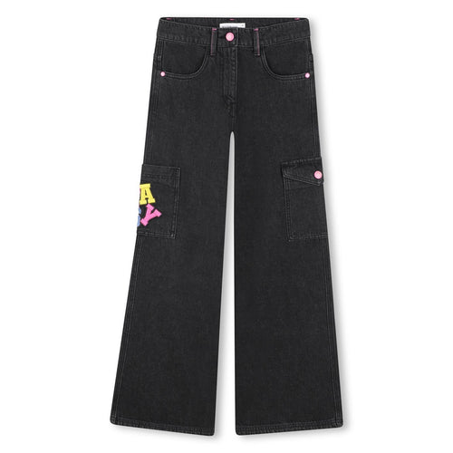 Girls Black Wide - Leg Denim Cargo Jeans with Embroidery