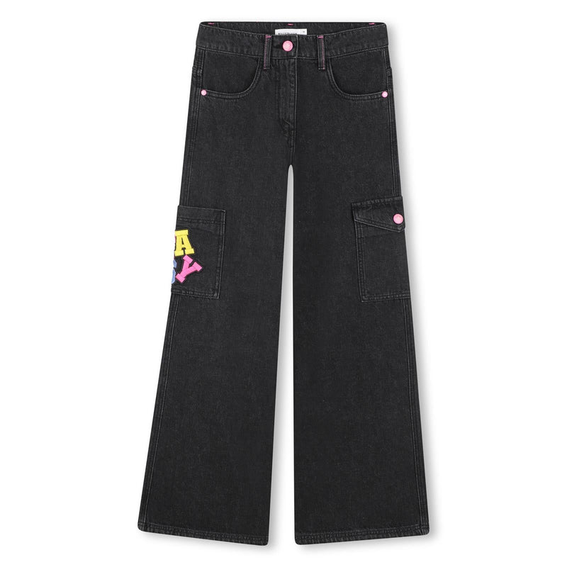 Girls Black Wide - Leg Denim Cargo Jeans with Embroidery