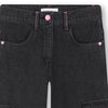 Girls Black Wide - Leg Denim Cargo Jeans with Embroidery
