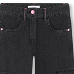 Girls Black Wide - Leg Denim Cargo Jeans with Embroidery
