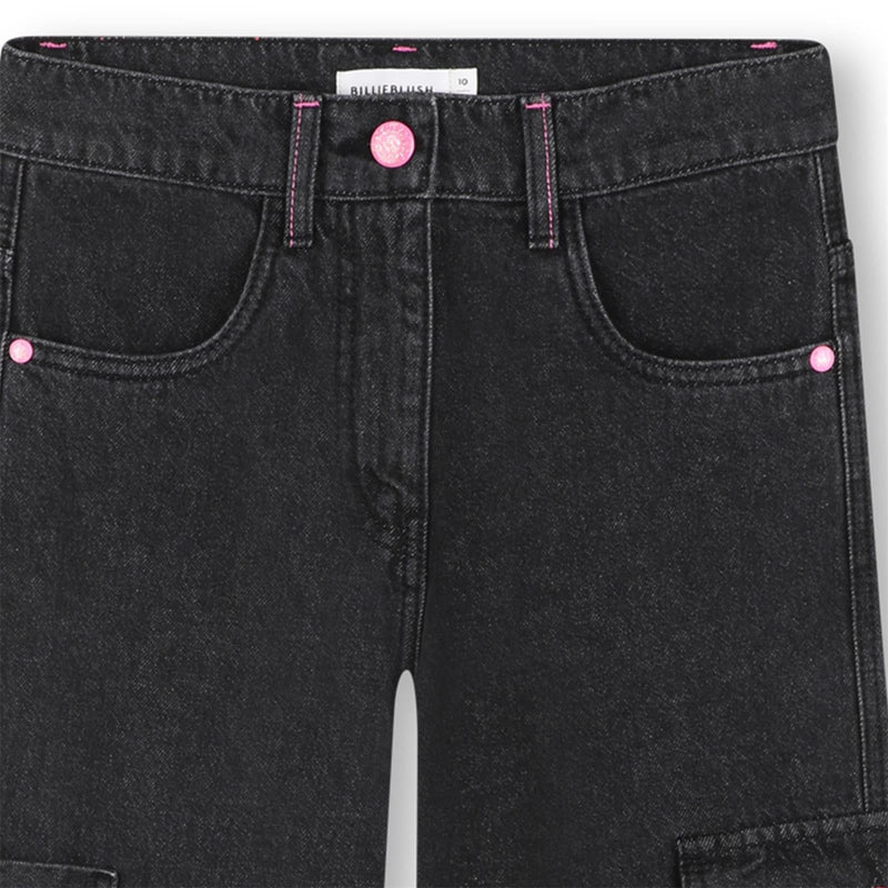 Girls Black Wide - Leg Denim Cargo Jeans with Embroidery