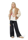 Girls Black Wide - Leg Denim Cargo Jeans with Embroidery